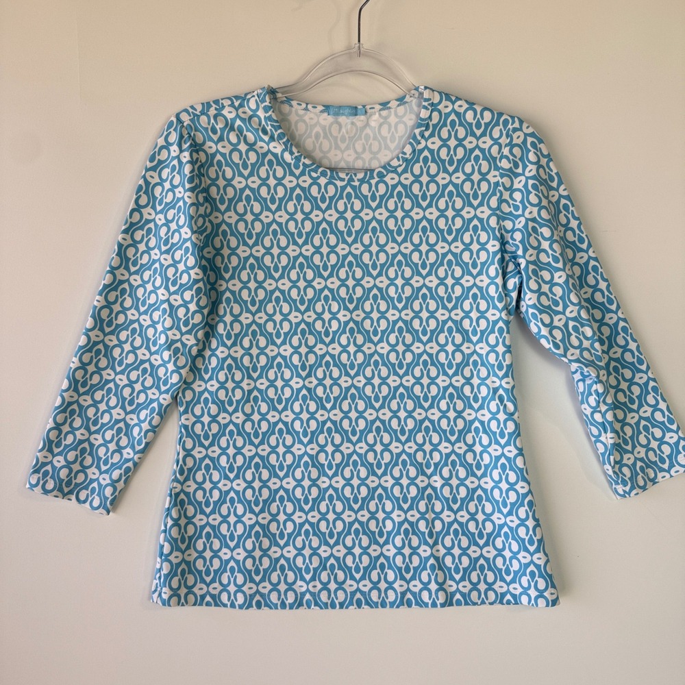 J.McLaughlin Catalina Cloth Top Womens S Blue Geometric Excellent 3/4 Sleeve